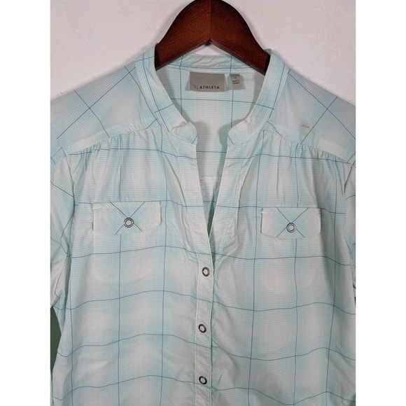 Athleta Top Women's Medium Green Plaid Long Roll Tab Sleeve Pockets Hiking - Picture 4 of 14